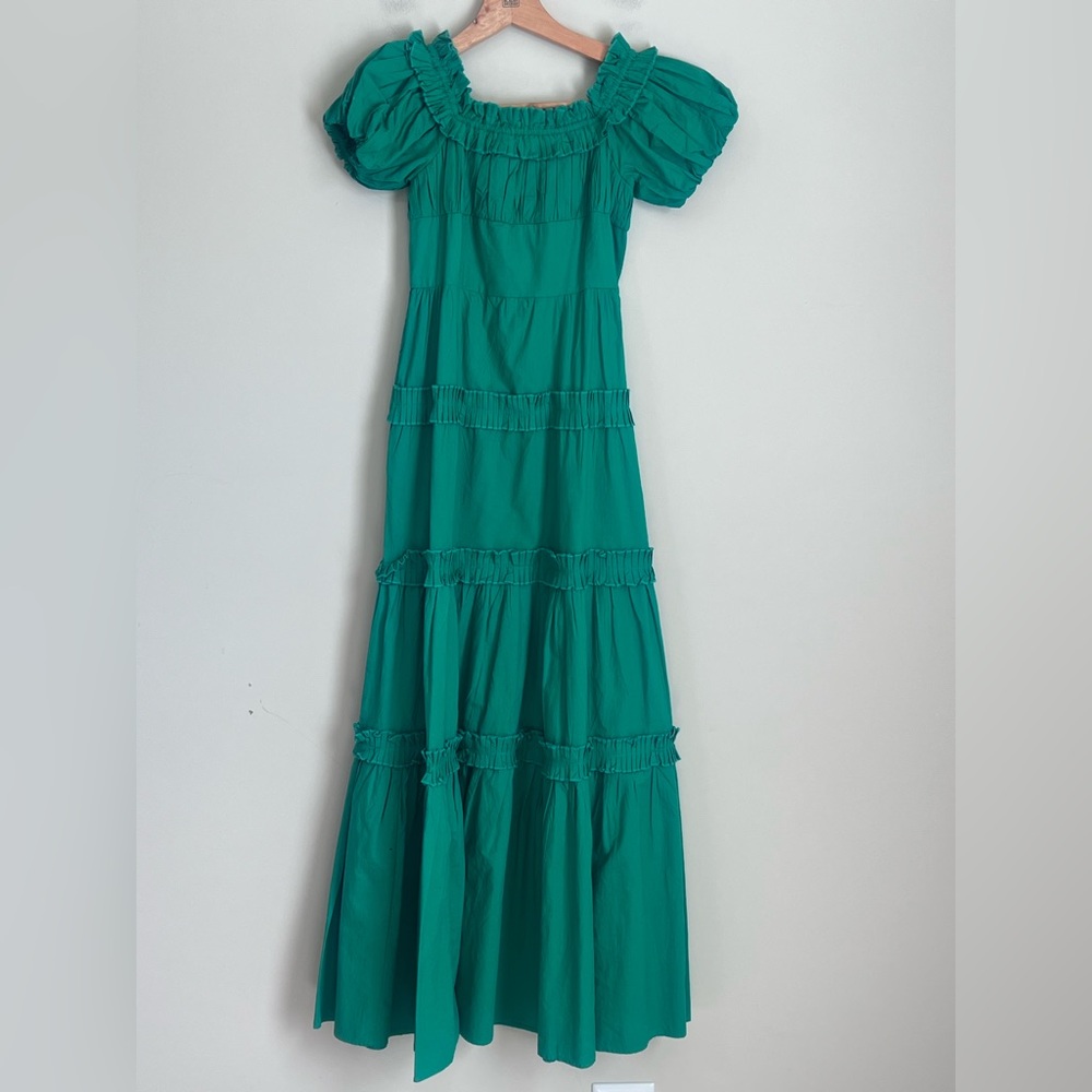 NWT Anthropologie Love The Label Kelly Green Maxi Dress $295 Tiered Smock XS